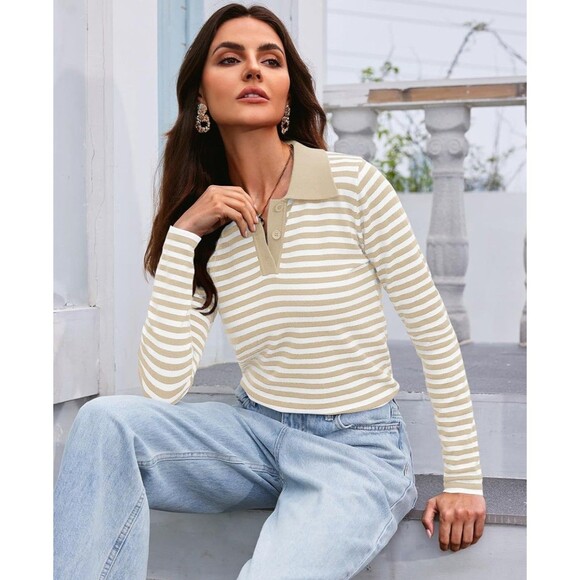 Womens Lightweight Sweaters Crewneck Long Sleeve Knit Pullover Striped Button XL - Picture 3 of 5